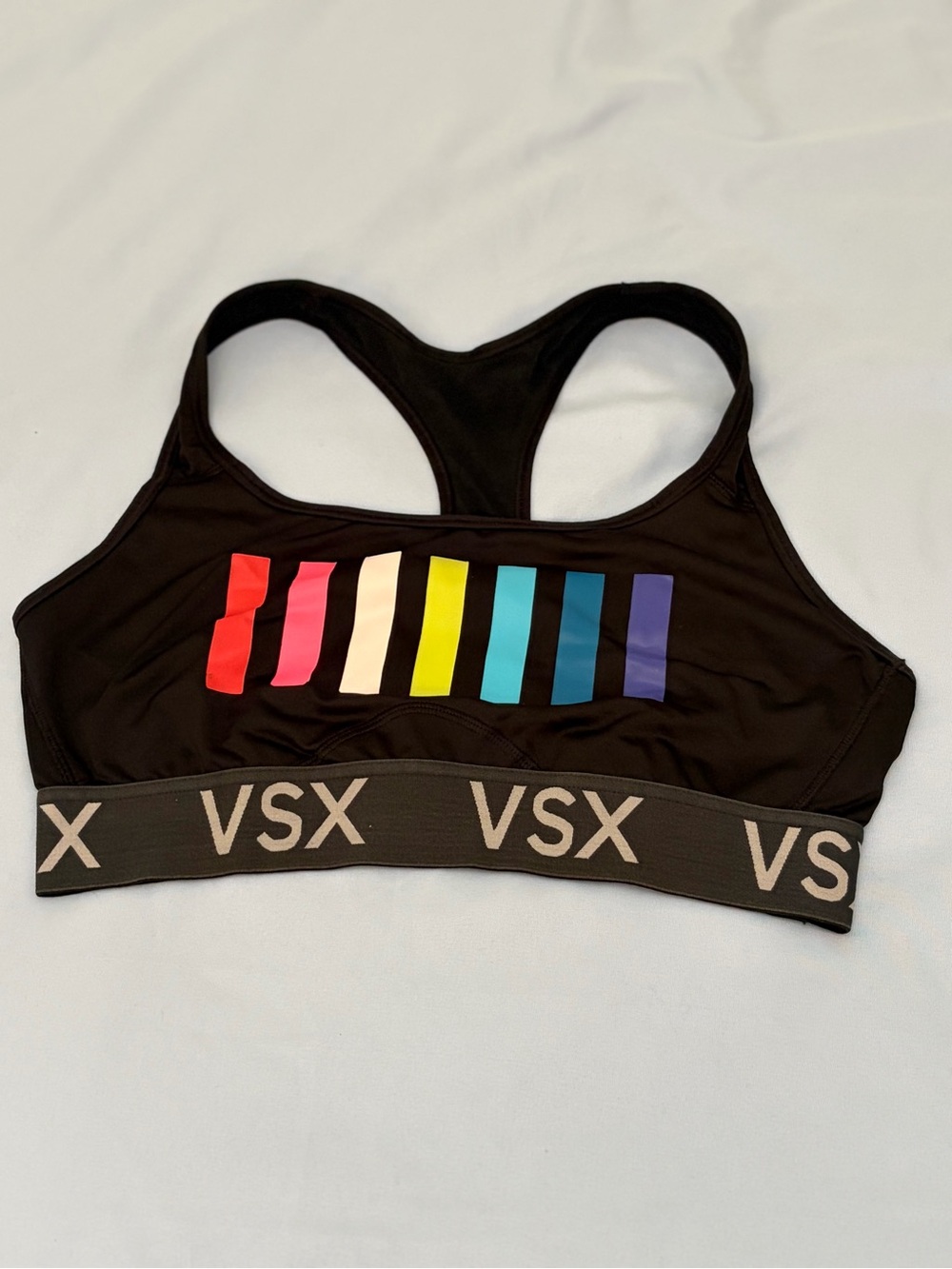 VSX Black Sports Bra with Vertical Rainbow Stripe Accents